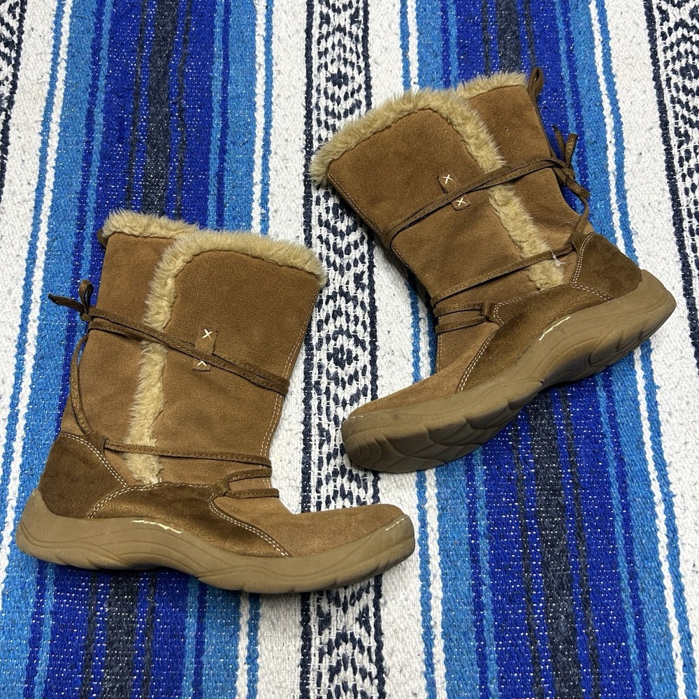 Merona Womens Size 8 Suede Winter Boots Tan Faux Fur Trim Lace Up Mid Calf